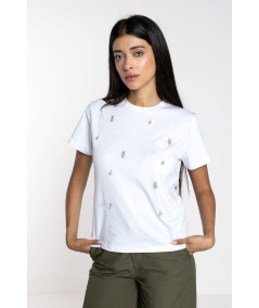 T-shirt Lokita Girocollo Bianca con Decorazioni Gioiello
